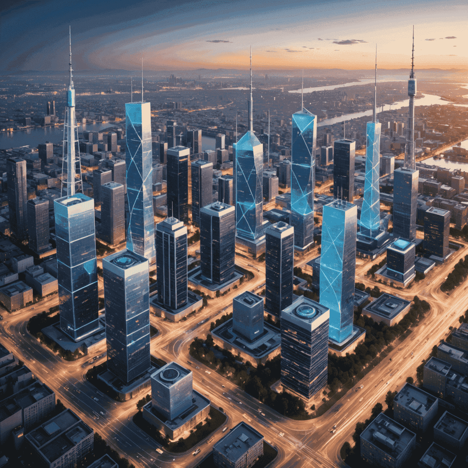 رسم توضيحي لشبكة الجيل الخامس 5G مع أبراج اتصالات وأجهزة متصلة في مدينة ذكية