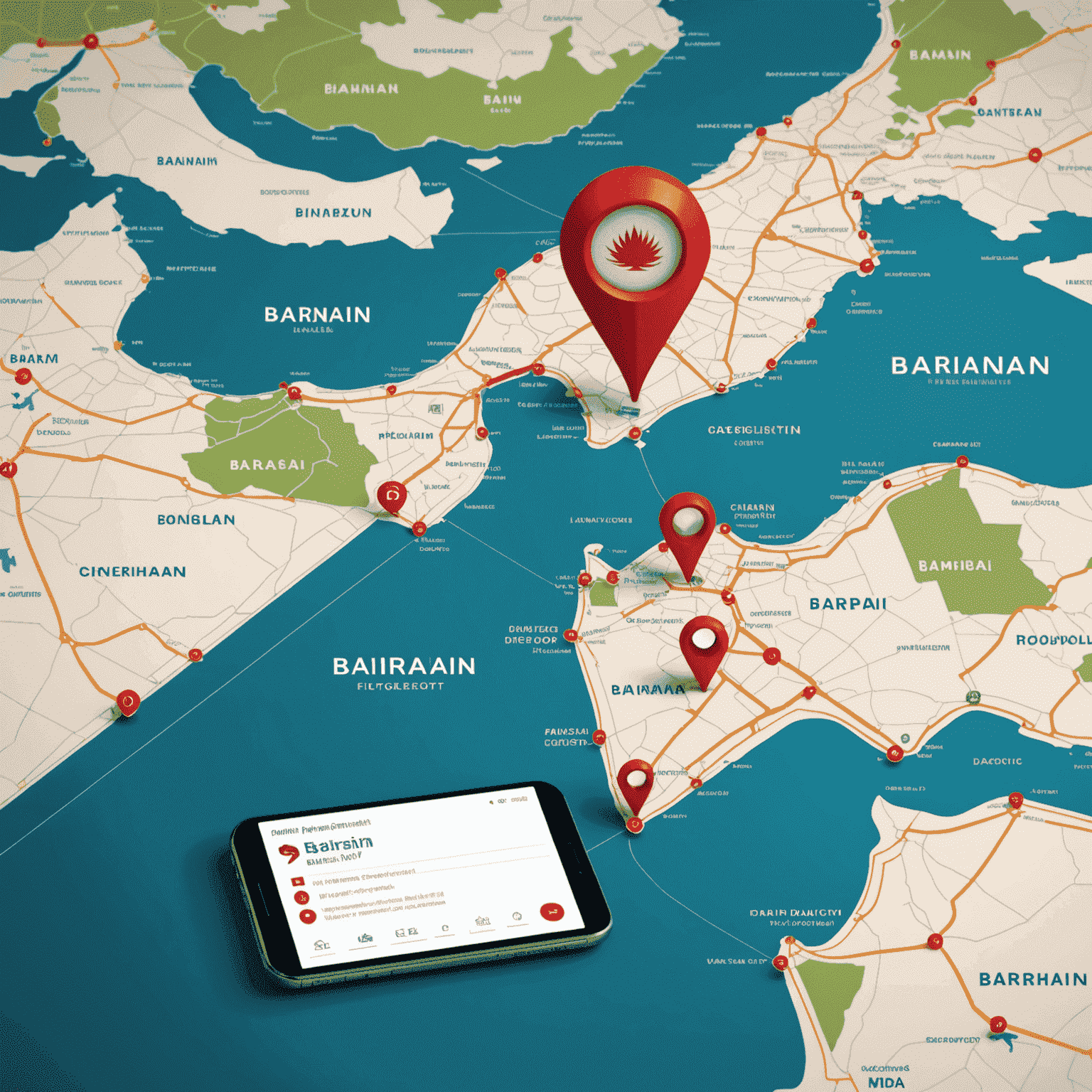 واجهة تطبيق اتصال البحرين تعرض خريطة البحرين مع نقاط الاتصال المختلفة